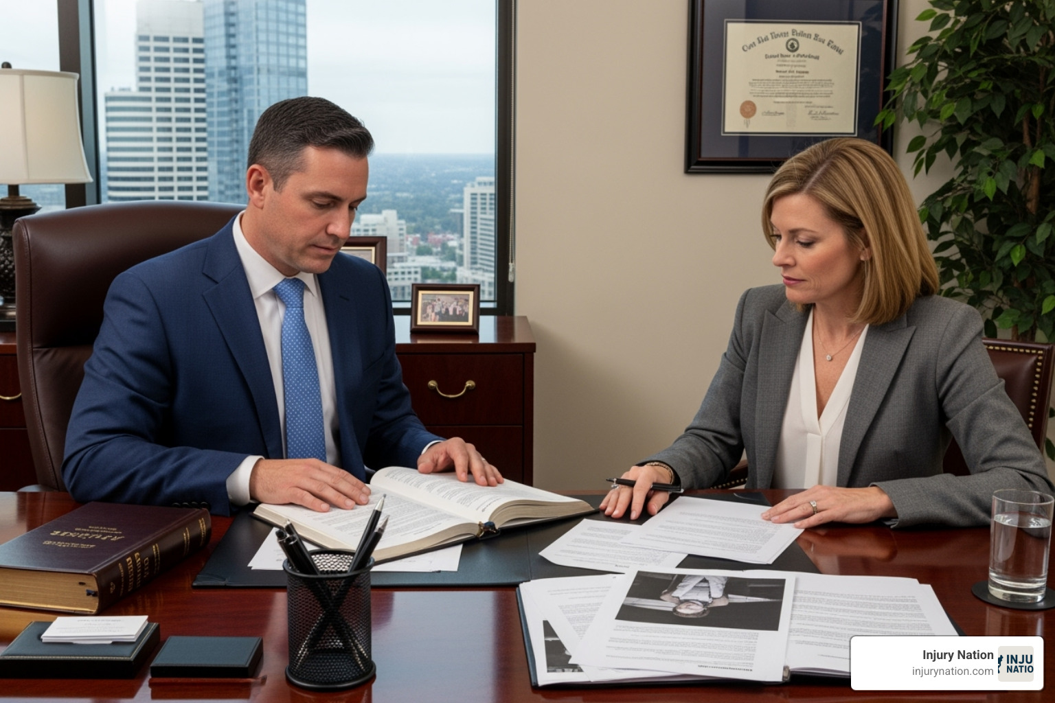 lawyer reviewing evidence with client - slip and fall concussion settlement lawyer reviewing evidence with client - slip and fall concussion settlement