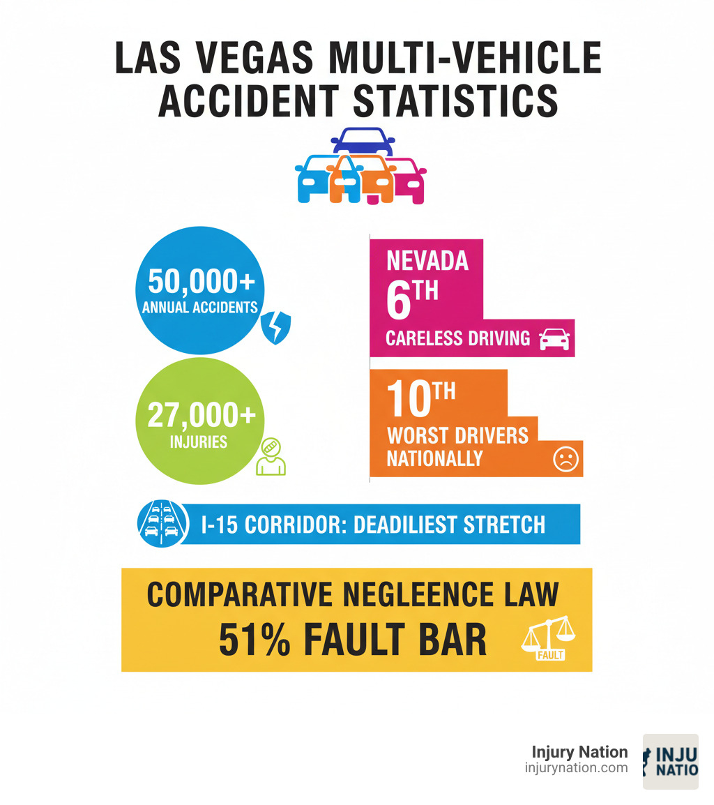 Infographic showing Las Vegas multi-vehicle accident statistics: over 50,000 annual accidents, 27,000 injuries, Nevada ranked 6th for careless driving, 10th worst drivers nationally, I-15 corridor identified as one of deadliest stretches, and comparative negligence law with 51% fault bar - las vegas multi vehicle accident attorney infographic 