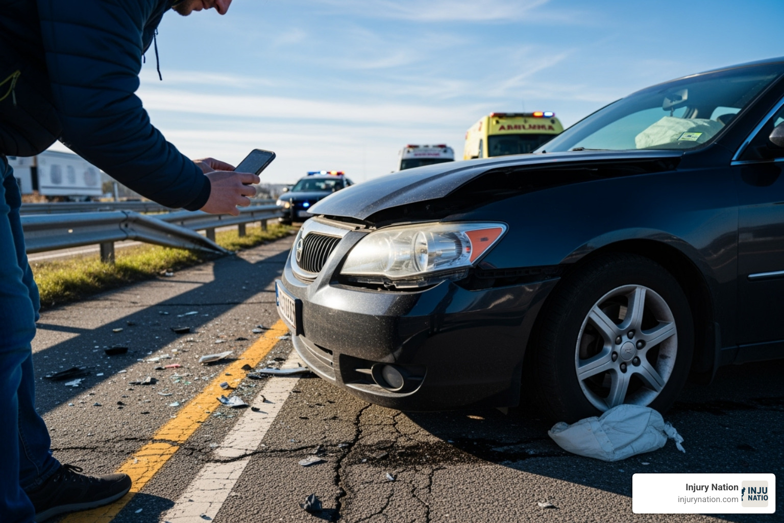 a driver taking photos of their damaged car at an accident scene - las vegas multi vehicle accident attorney