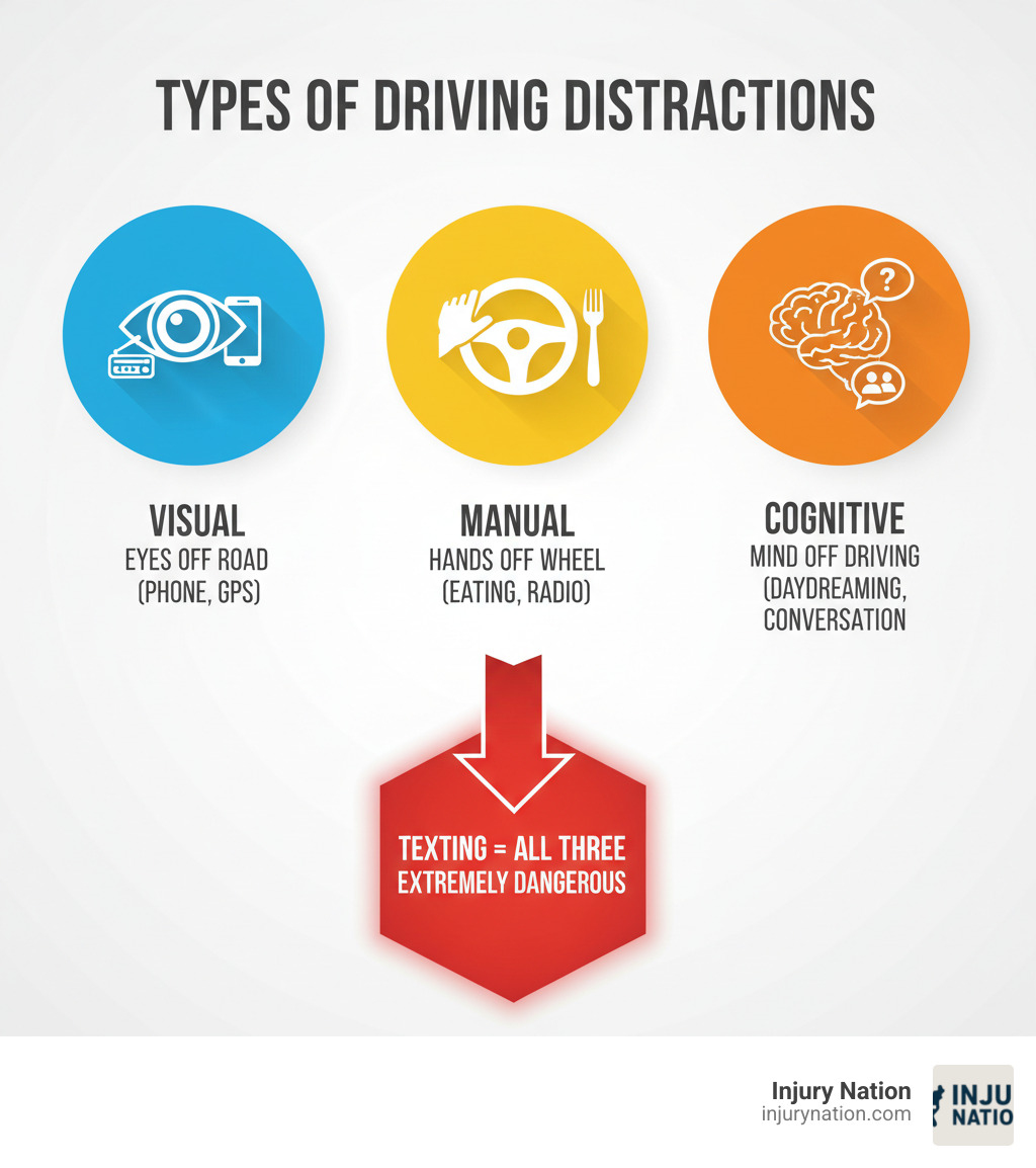 Infographic showing the three main types of driving distractions: Visual distractions (eyes off the road like looking at phone or GPS), Manual distractions (hands off the wheel like eating or adjusting radio), and Cognitive distractions (mind off driving like daydreaming or intense conversations). Texting while driving combines all three types, making it especially dangerous. - distracted driving accident lawyer infographic 