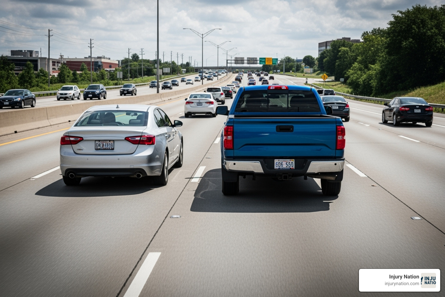 Image of a car tailgating another on a highway - rear end collision lawyer