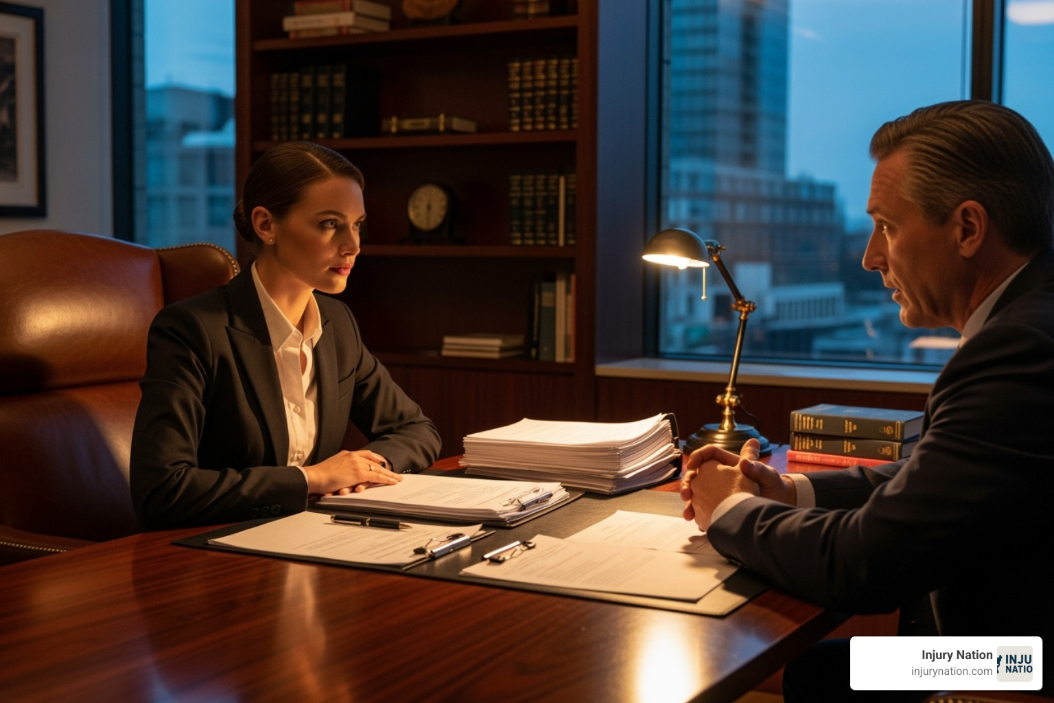 Image of a confident lawyer meeting with a client - rear end collision lawyer