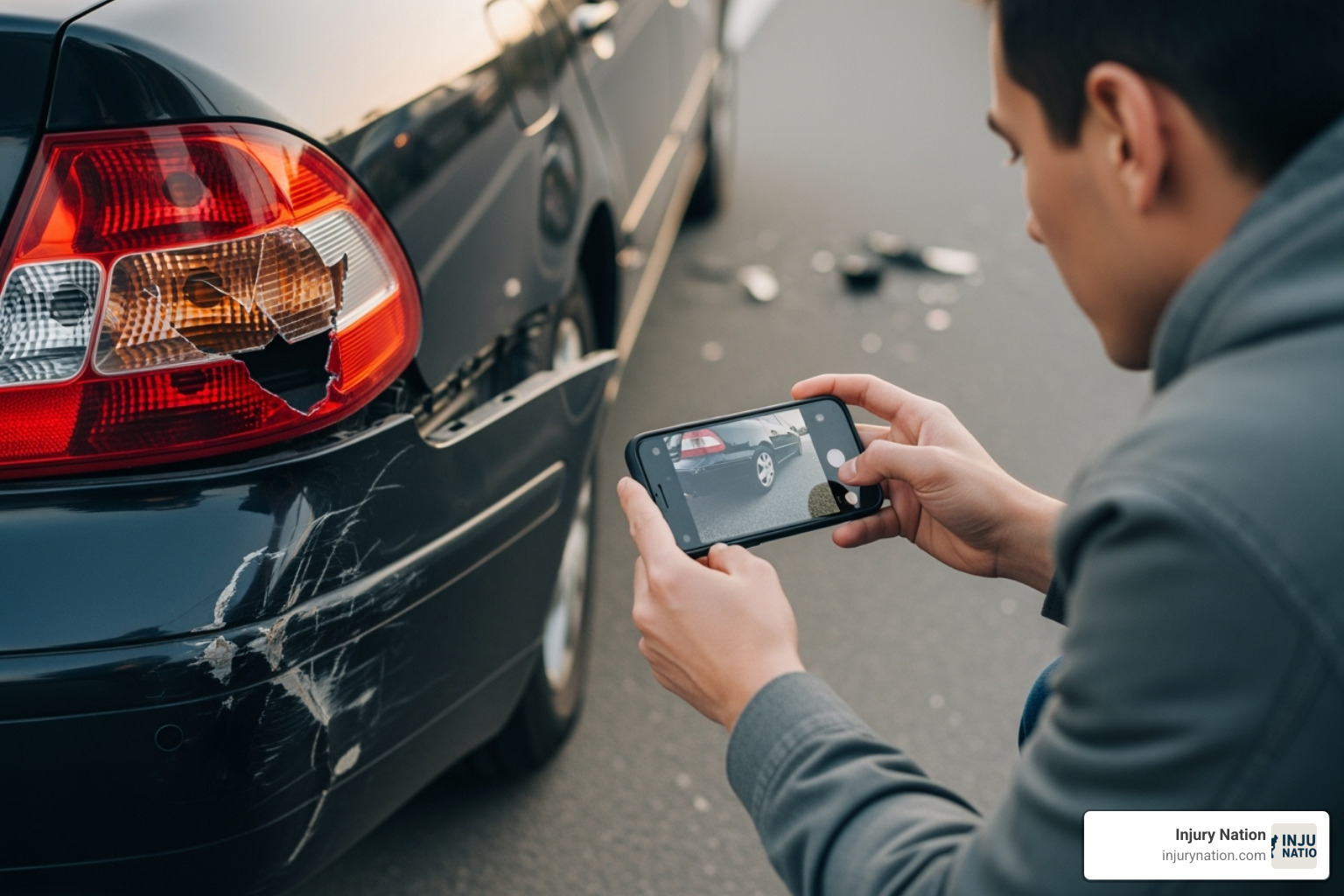 Image of a driver taking photos of car damage with a smartphone - rear end collision lawyer