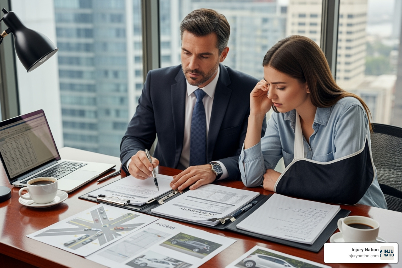Image of a lawyer reviewing accident documents with a client - rear end collision lawyer