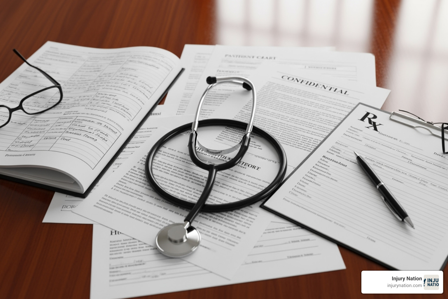 medical documents and stethoscope - slip and fall concussion settlement medical documents and stethoscope - slip and fall concussion settlement