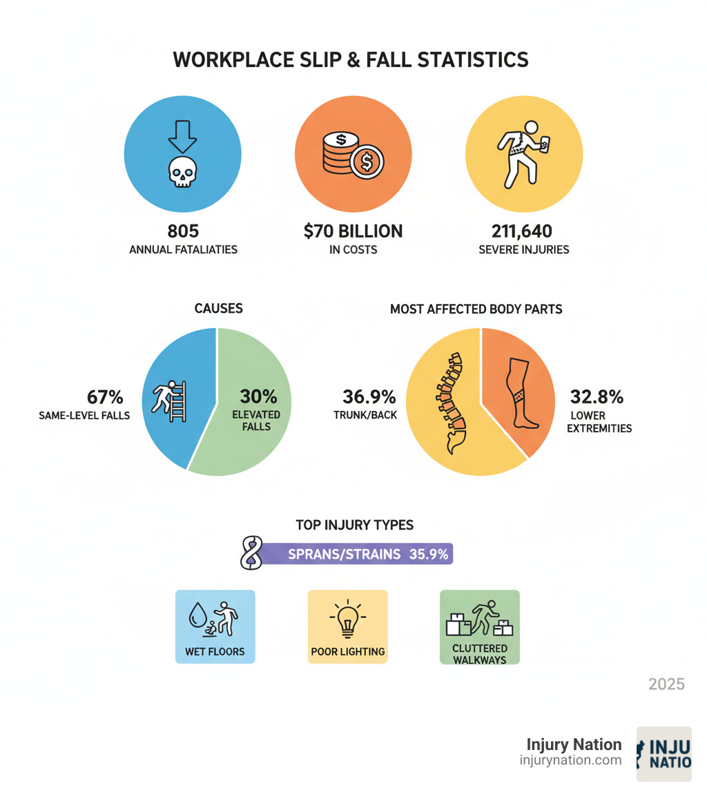 Comprehensive infographic showing workplace slip and fall statistics including 805 annual fatalities, $70 billion in costs, breakdown of causes (67% same-level falls, 30% liftd falls), most affected body parts (trunk/back 36.9%, lower extremities 32.8%), top injury types (sprains/strains 35.9%), and common hazards like wet floors, poor lighting, and cluttered walkways - slip and fall injuries in the workplace infographic 