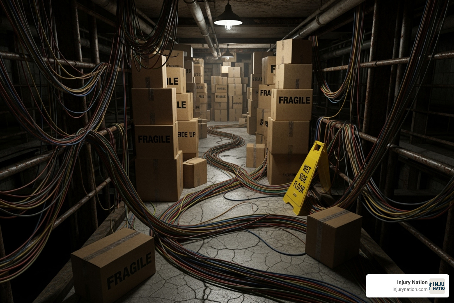 of a cluttered walkway with cables and boxes creating trip hazards - slip and fall injuries in the workplace