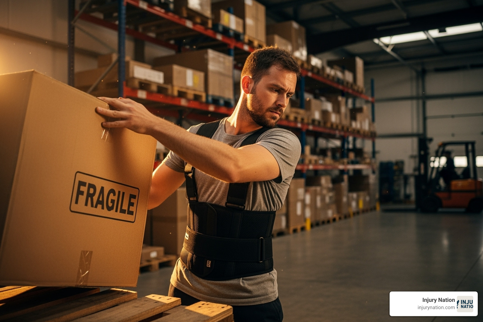 of a worker with a back brace - slip and fall injuries in the workplace