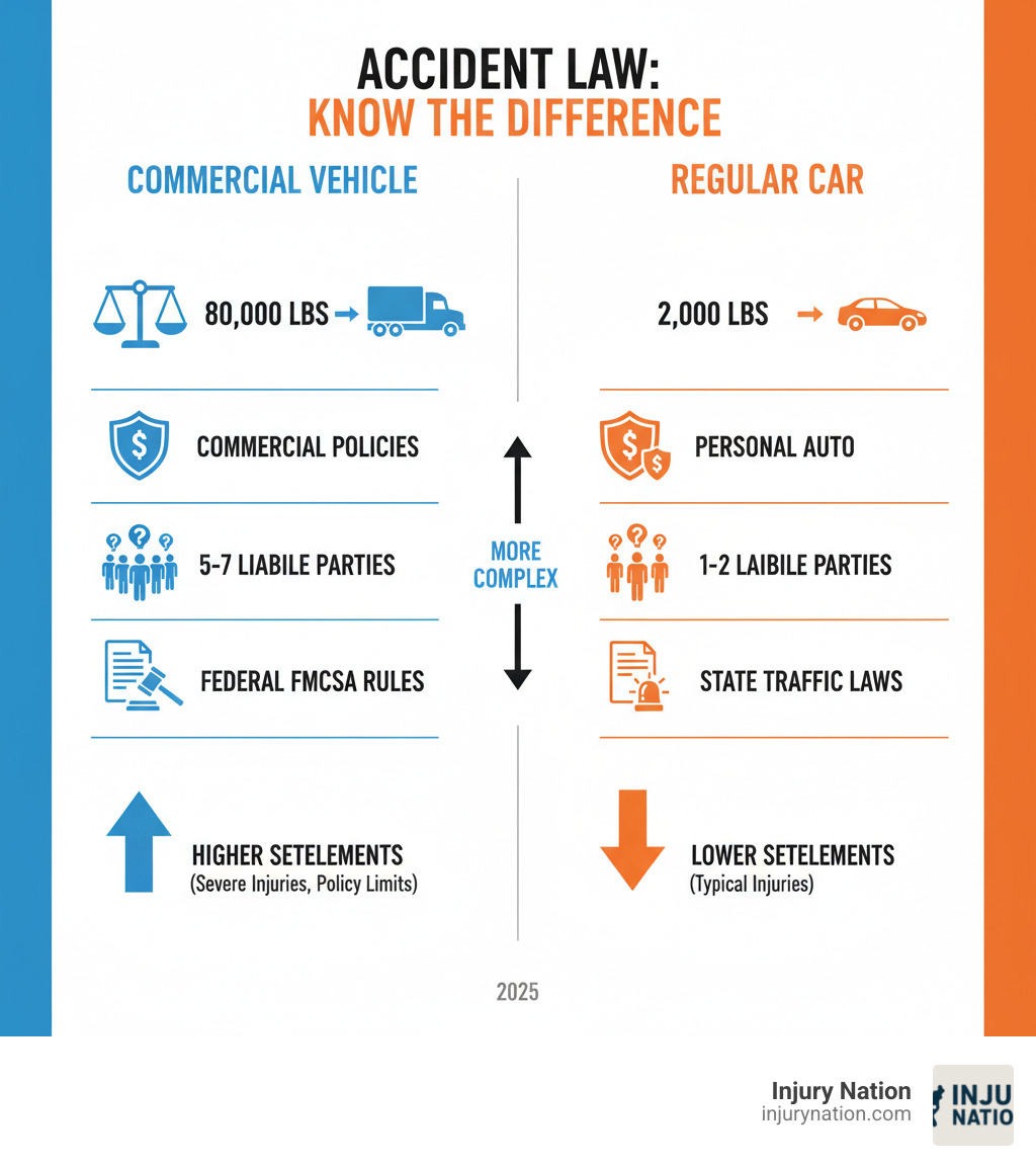 Infographic showing the key differences between commercial vehicle accidents and regular car accidents, including vehicle weight comparison (80,000 lbs vs 2,000 lbs), insurance coverage differences (commercial policies vs personal auto), number of potentially liable parties (5-7 vs 1-2), applicable regulations (federal FMCSA rules vs state traffic laws), and typical settlement ranges (higher due to severe injuries and commercial insurance limits) - commercial vehicle accident lawyer infographic 