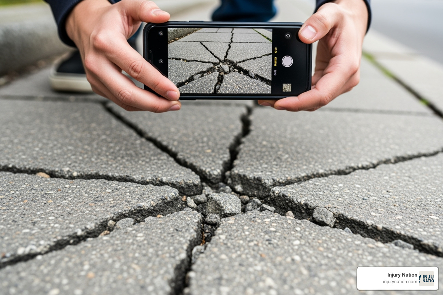 person taking a photo of a cracked sidewalk with their smartphone - local slip and fall attorney