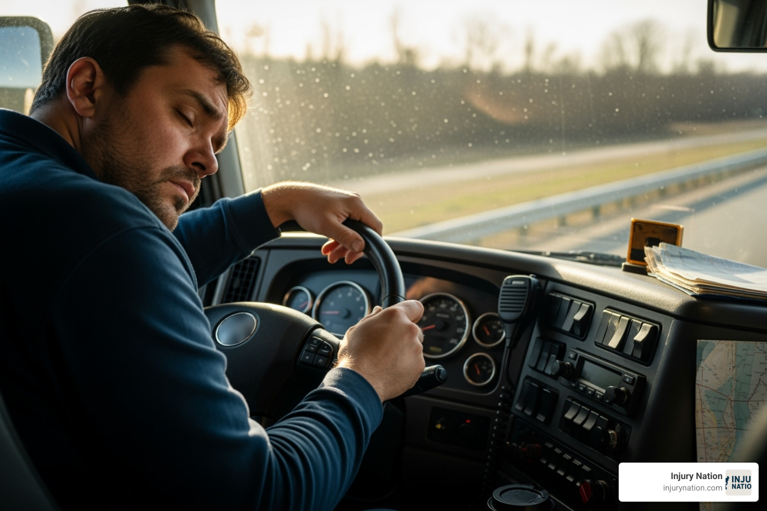 tired truck driver at the wheel - commercial vehicle accident lawyer