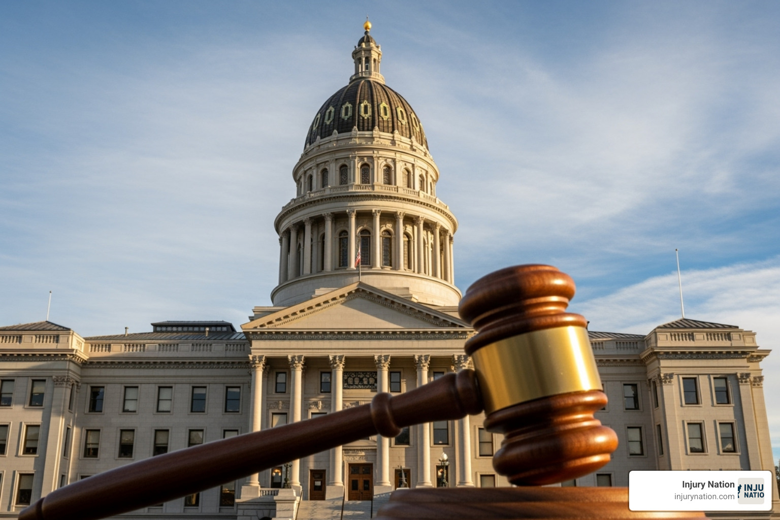Nevada State Capitol building with a gavel in the foreground - car accident lawyer las vegas nv