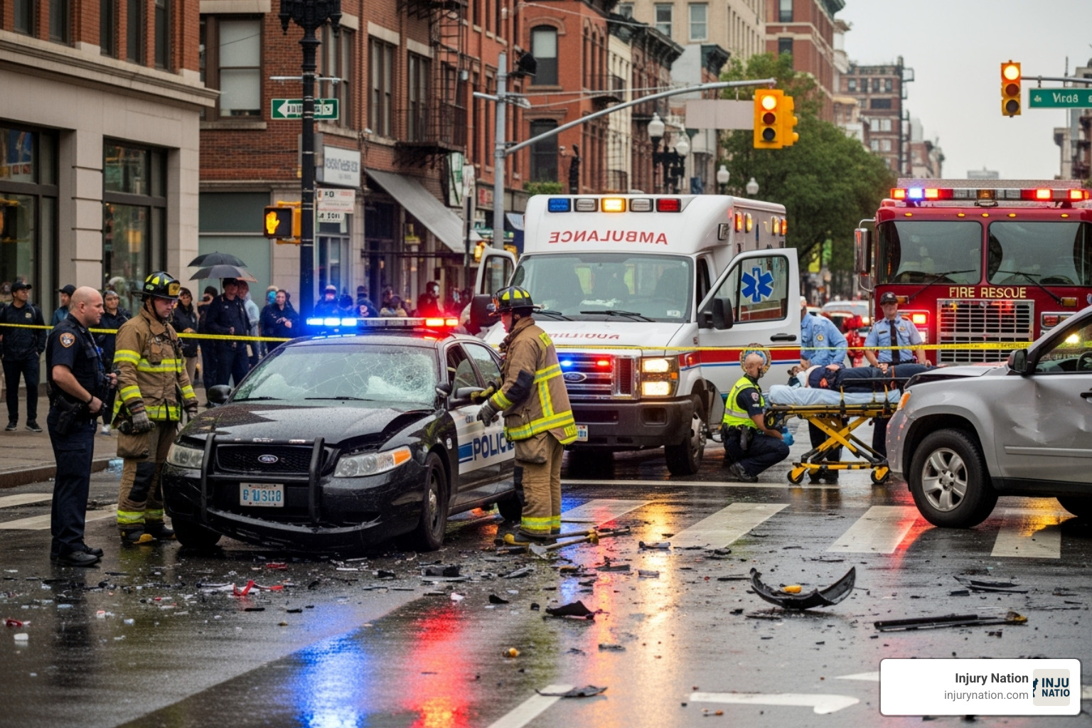 car accident scene with police and emergency services - car accident lawyer las vegas nv