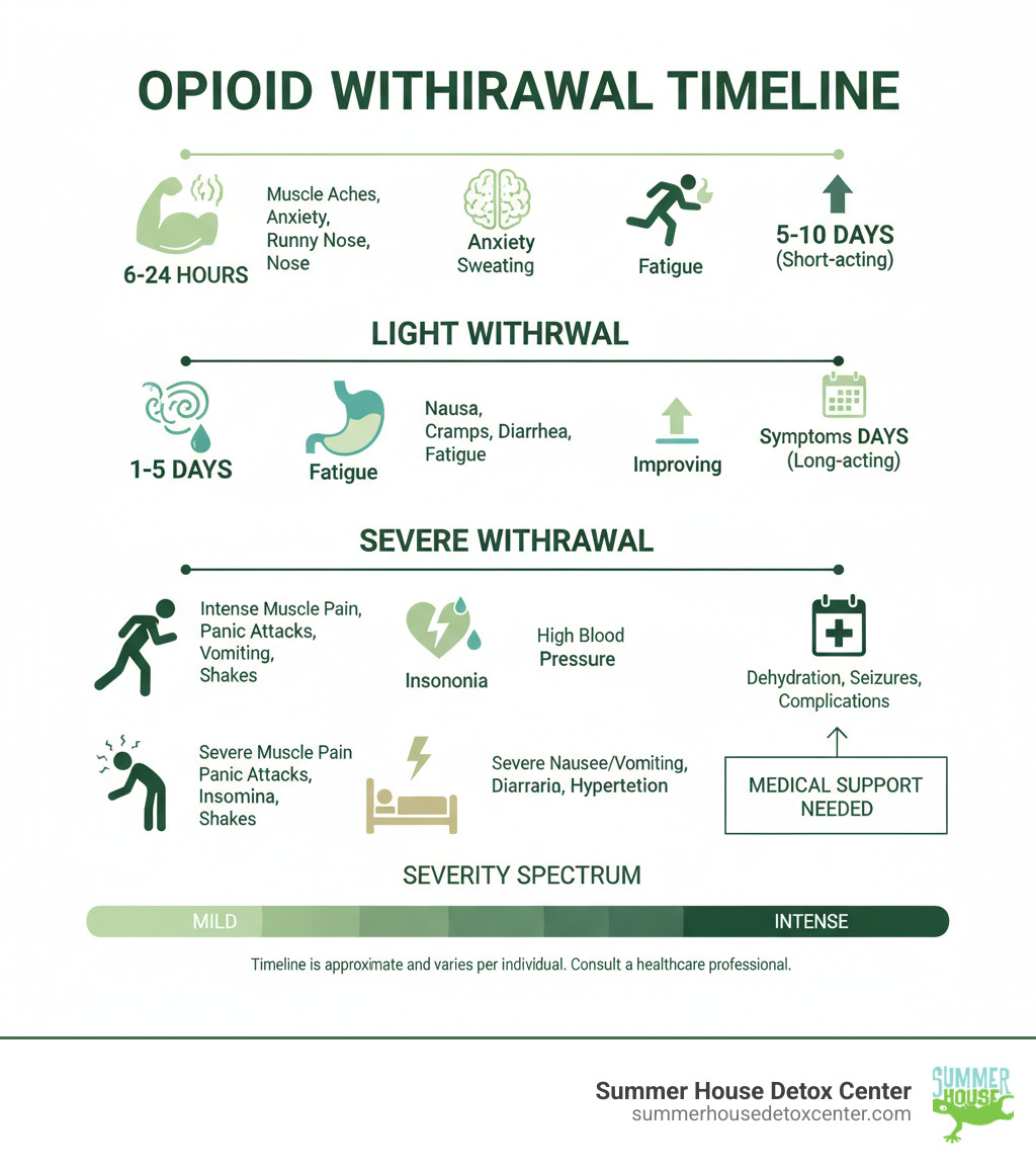 Comprehensive infographic showing the opioid withdrawal timeline from 6 hours to several weeks, displaying early symptoms like muscle aches and anxiety progressing to later symptoms like nausea and fatigue, with severity levels indicated for light versus severe withdrawal cases - light opiate withdrawal symptoms infographic 