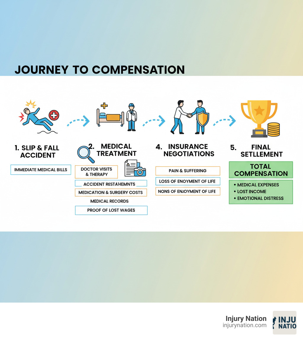Infographic showing the journey from slip and fall accident through medical treatment, evidence gathering, insurance negotiations, and final settlement, with key compensation components labeled at each stage - compensation for slip and fall injuries infographic Infographic showing the journey from slip and fall accident through medical treatment, evidence gathering, insurance negotiations, and final settlement, with key compensation components labeled at each stage - compensation for slip and fall injuries infographic