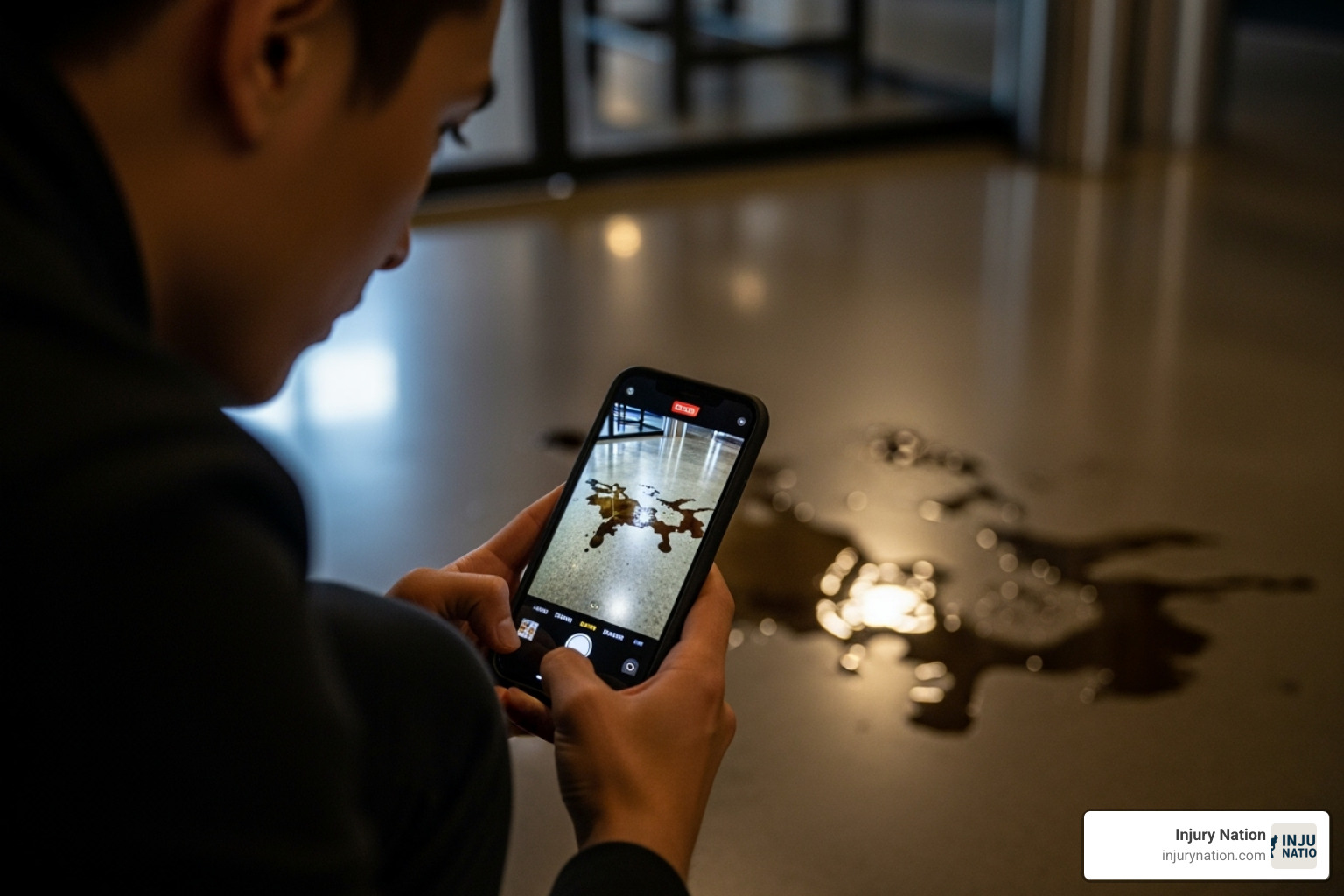 person taking a photo of a spill on the floor with their smartphone - compensation for slip and fall injuries person taking a photo of a spill on the floor with their smartphone - compensation for slip and fall injuries