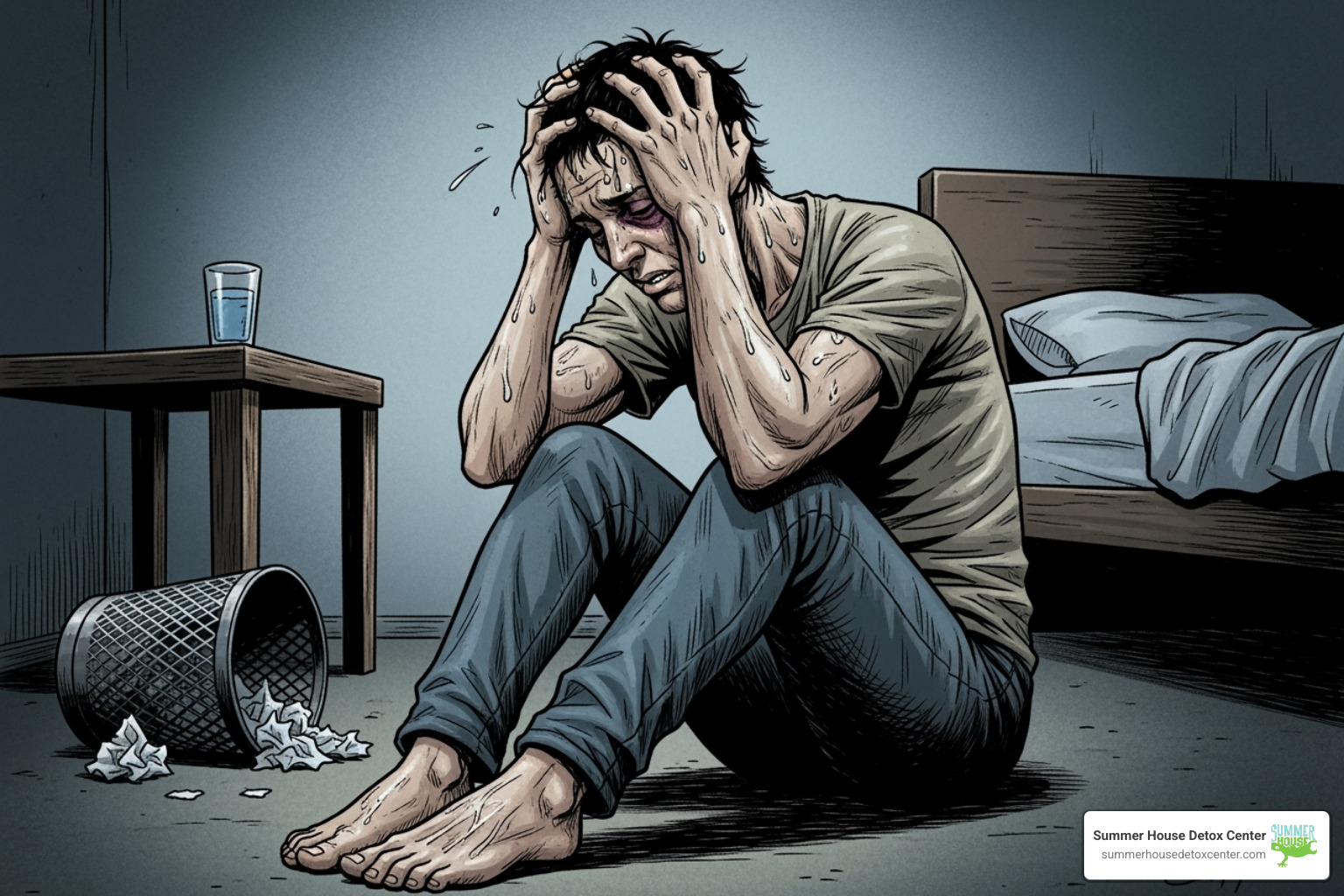 Illustration of a person experiencing common physical withdrawal symptoms like muscle aches, sweating, and nausea - how bad is methadone detox
