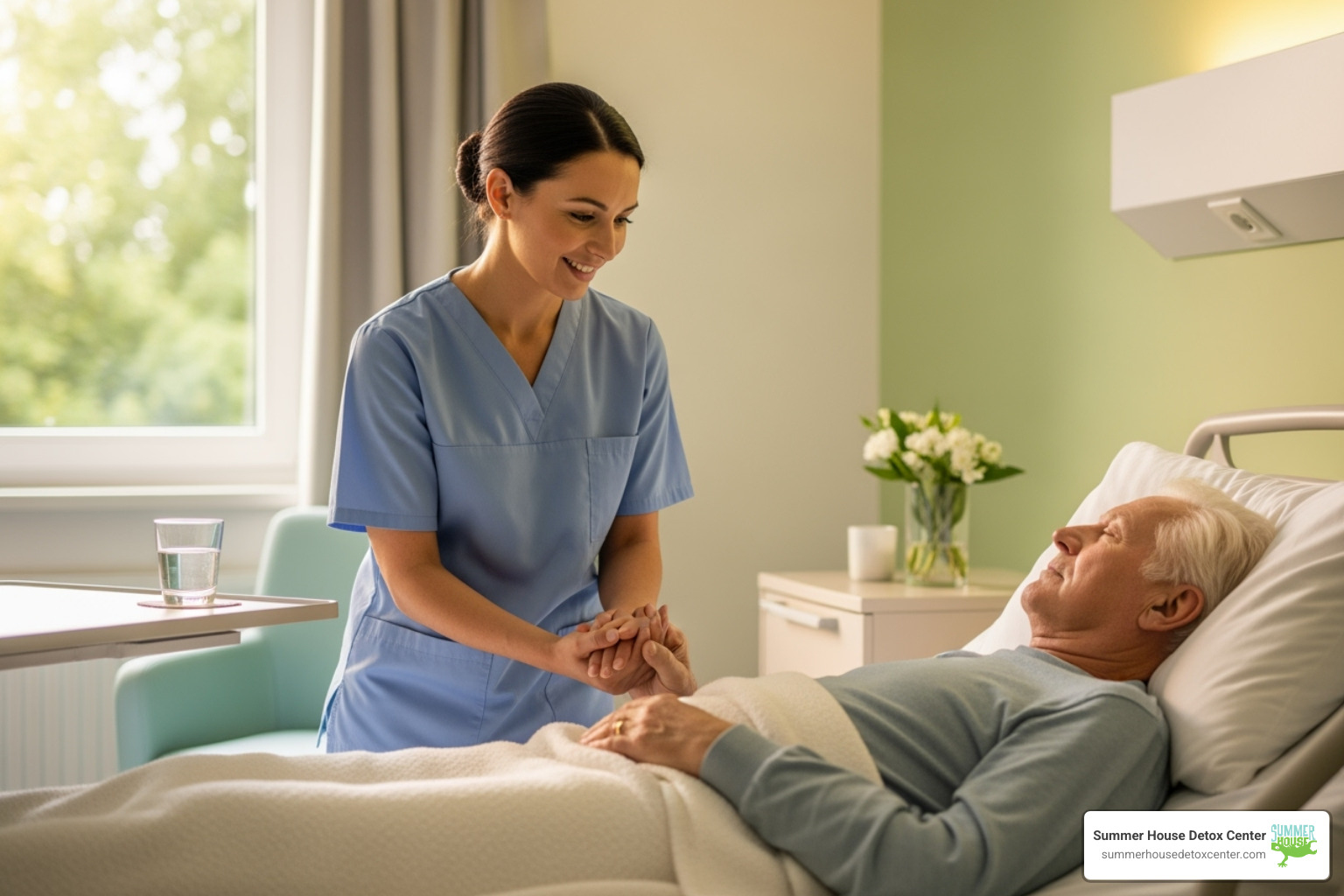 A compassionate medical staff member checking on a patient in a comfortable, clean room - how bad is methadone detox