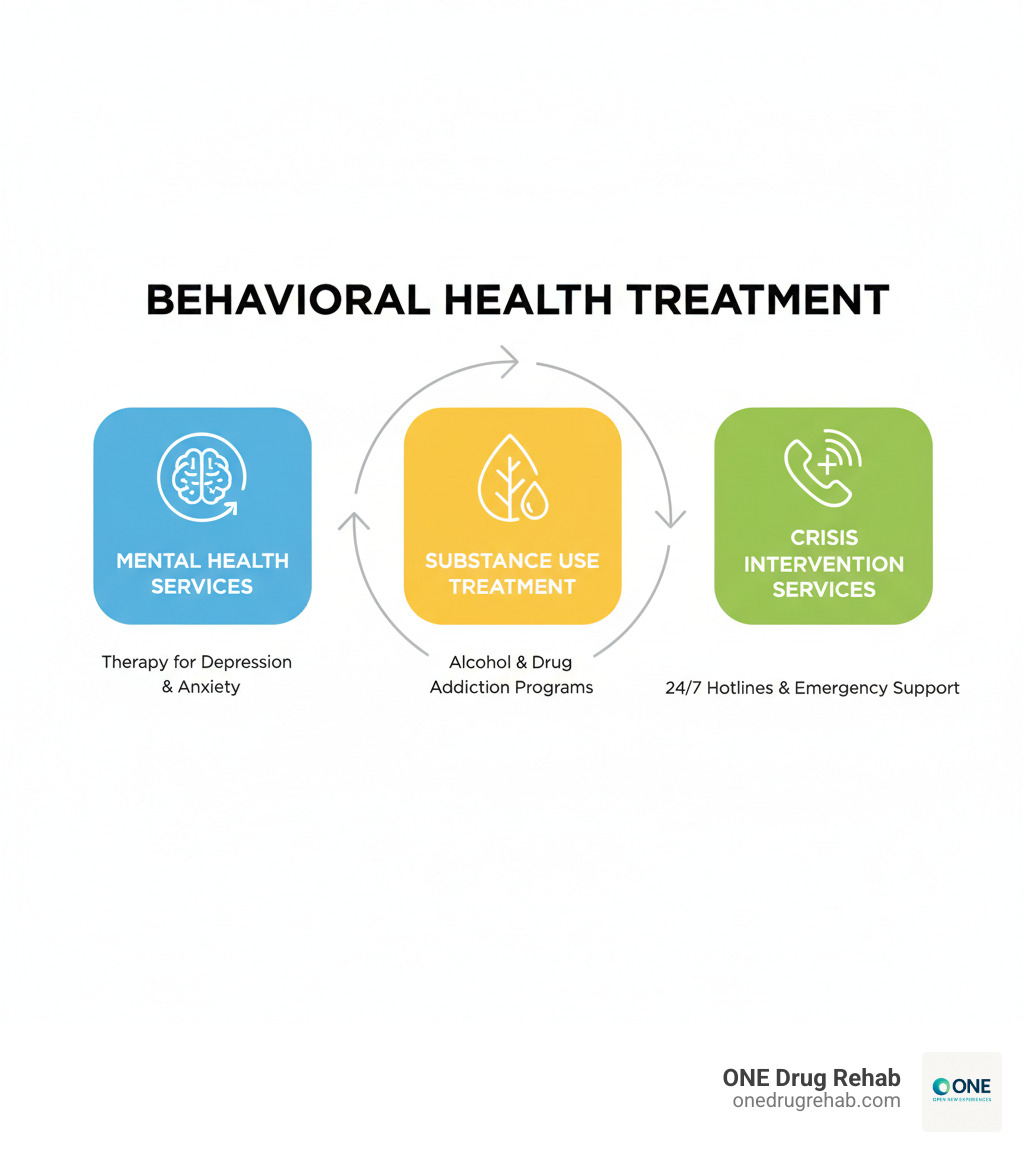Comprehensive infographic showing the three main components of behavioral health treatment: mental health services including therapy for depression and anxiety disorders, substance use treatment covering alcohol and drug addiction programs, and crisis intervention services with 24/7 hotlines and emergency support options - Behavioral health treatment infographic 