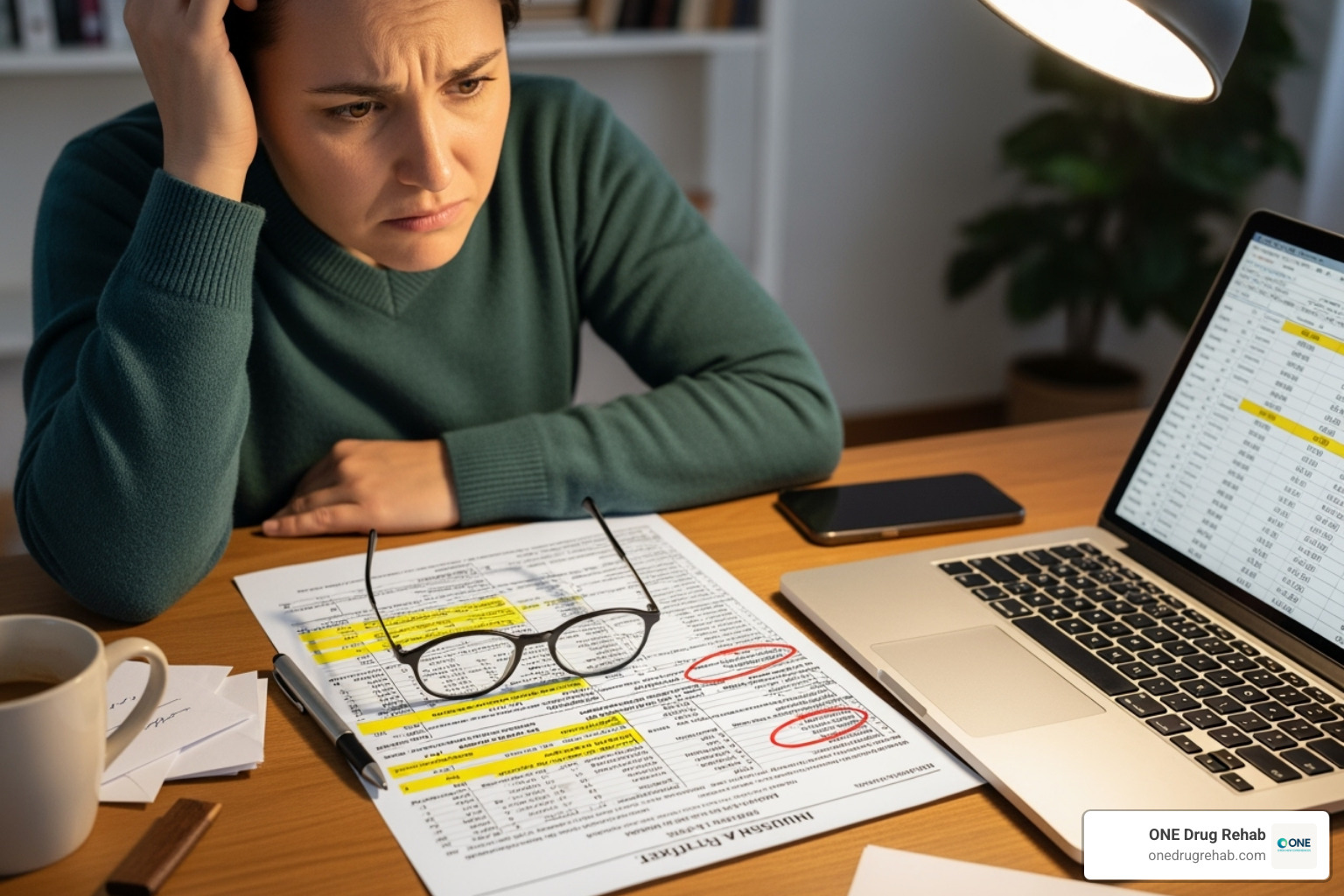 person reviewing an insurance document with a confused expression - Behavioral health treatment