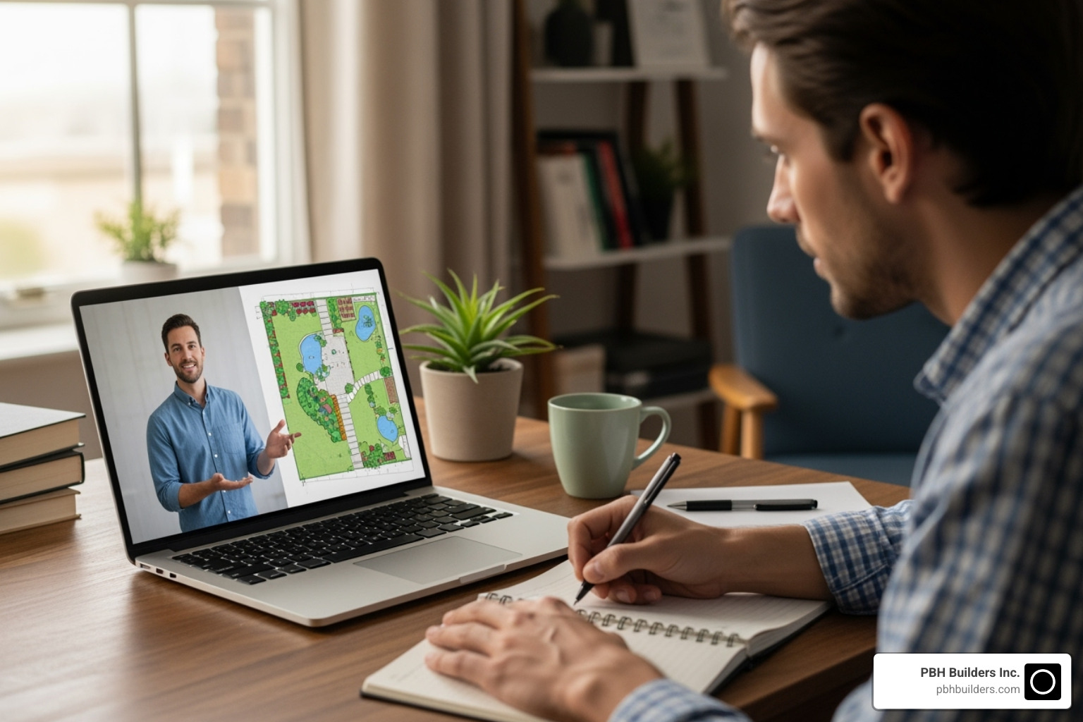 A person attending a virtual landscape design workshop on a laptop, showing a split screen with a presenter and a garden design schematic. - free landscape design san diego A person attending a virtual landscape design workshop on a laptop, showing a split screen with a presenter and a garden design schematic. - free landscape design san diego