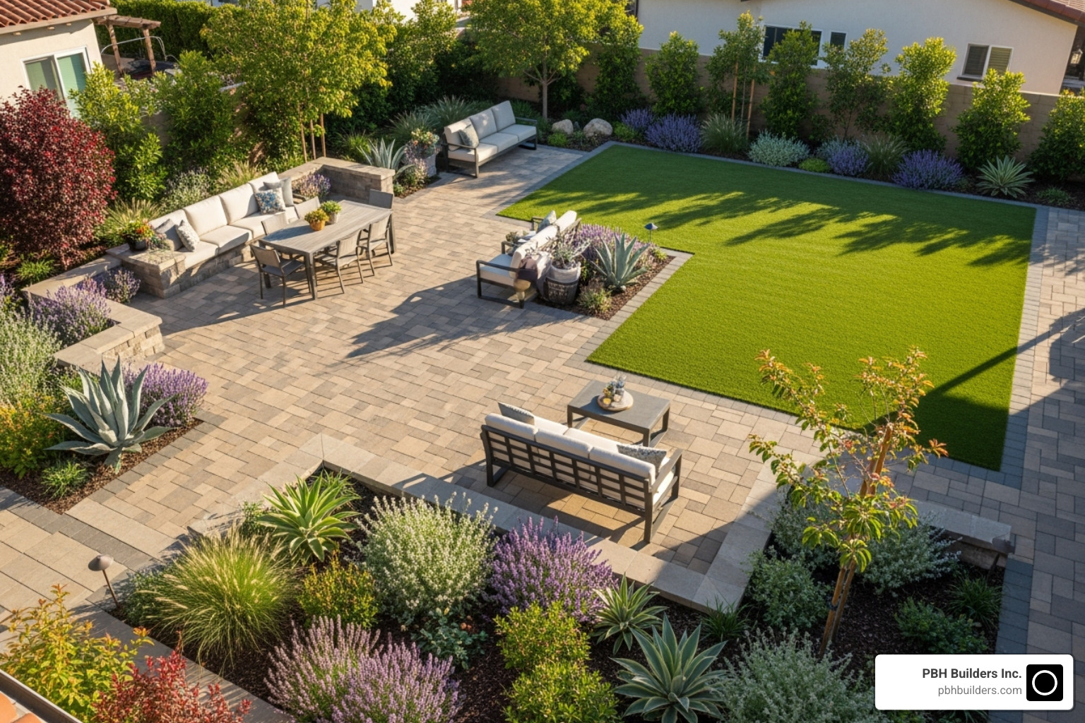 A finished, stunning San Diego backyard with a large paver patio, lush artificial turf area, and surrounding drought-tolerant plants, all bathed in warm sunlight. - free landscape design san diego A finished, stunning San Diego backyard with a large paver patio, lush artificial turf area, and surrounding drought-tolerant plants, all bathed in warm sunlight. - free landscape design san diego