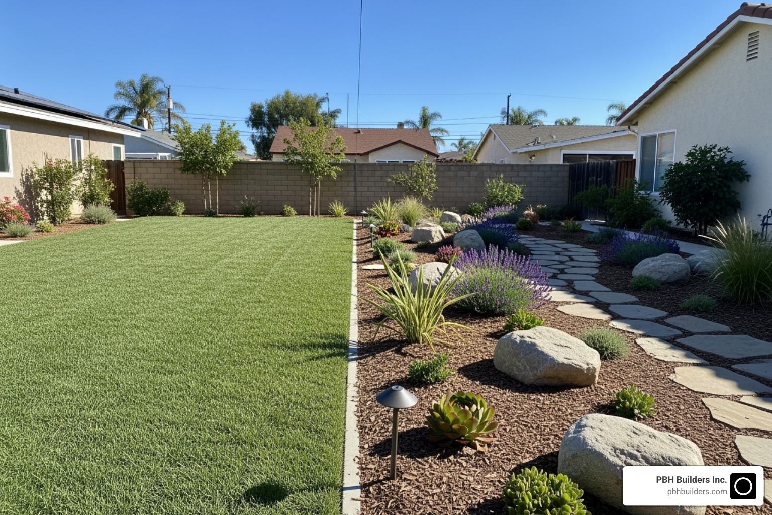 A yard in transition, with a clear line dividing a traditional green lawn on one side and a newly planted, drought-tolerant garden with mulch and various low-water plants on the other. - free landscape design san diego A yard in transition, with a clear line dividing a traditional green lawn on one side and a newly planted, drought-tolerant garden with mulch and various low-water plants on the other. - free landscape design san diego