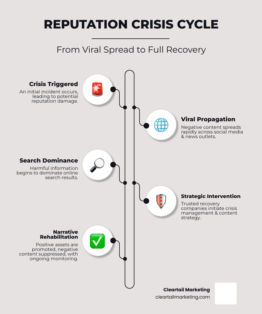 INFOGRAPHIC SHOWING THE REPUTATION CRISIS CYCLE: INITIAL INCIDENT OCCURS, NEGATIVE CONTENT SPREADS VIRALLY ACROSS SOCIAL MEDIA AND NEWS OUTLETS WITHIN HOURS, SEARCH RESULTS BECOME DOMINATED BY HARMFUL INFORMATION, TRUSTED REPUTATION RECOVERY COMPANIES INTERVENE WITH CRISIS MANAGEMENT AND CONTENT STRATEGY, POSITIVE ASSETS ARE DEVELOPED AND PROMOTED, NEGATIVE RESULTS ARE SUPPRESSED THROUGH SEO, AND FINALLY THE DIGITAL NARRATIVE IS REHABILITATED WITH ONGOING MONITORING - TRUSTED REPUTATION RECOVERY COMPANIES INFOGRAPHIC INFOGRAPHIC-LINE-5-STEPS-NEAT_BEIGE
