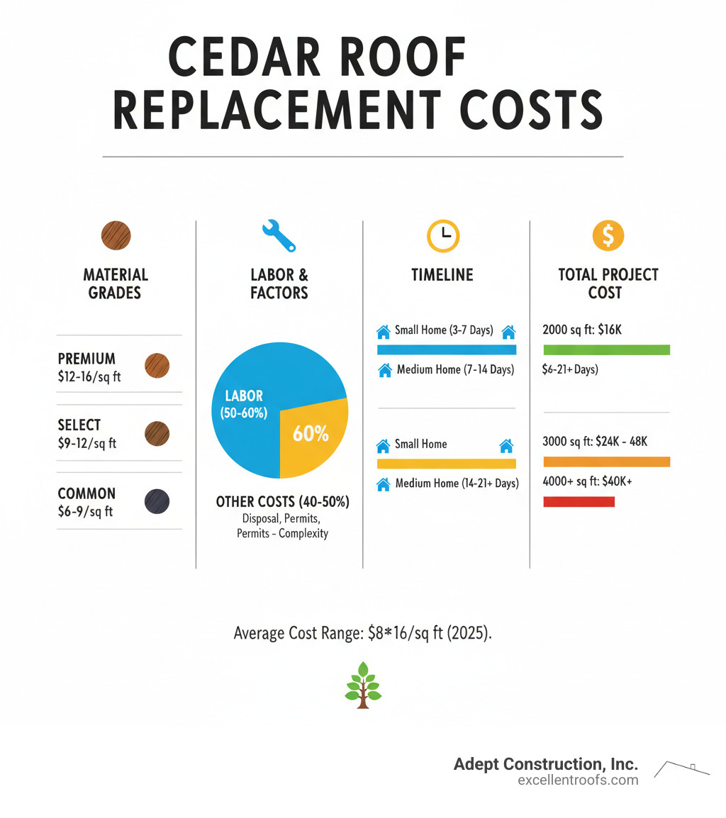 Comprehensive breakdown of cedar roof replacement costs including material grades, labor percentages, timeline factors, and total project cost ranges for different home sizes - cedar roof replacement cost infographic 