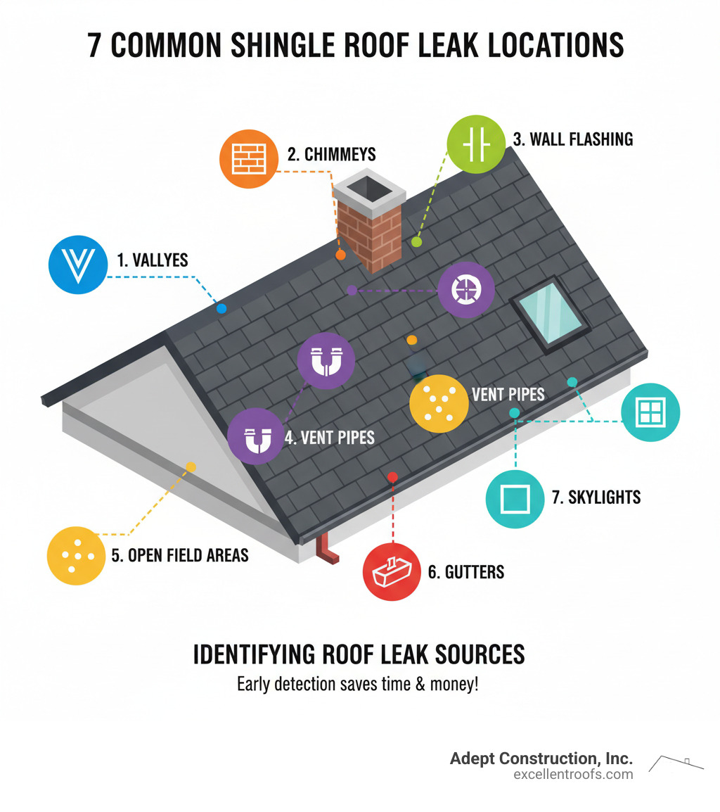 Comprehensive infographic showing the 7 most common shingle roof leak locations including valleys, chimneys, wall flashing, vent pipes, open field areas, gutters, and skylights with visual indicators of each problem area - repair leaking shingle roof infographic 