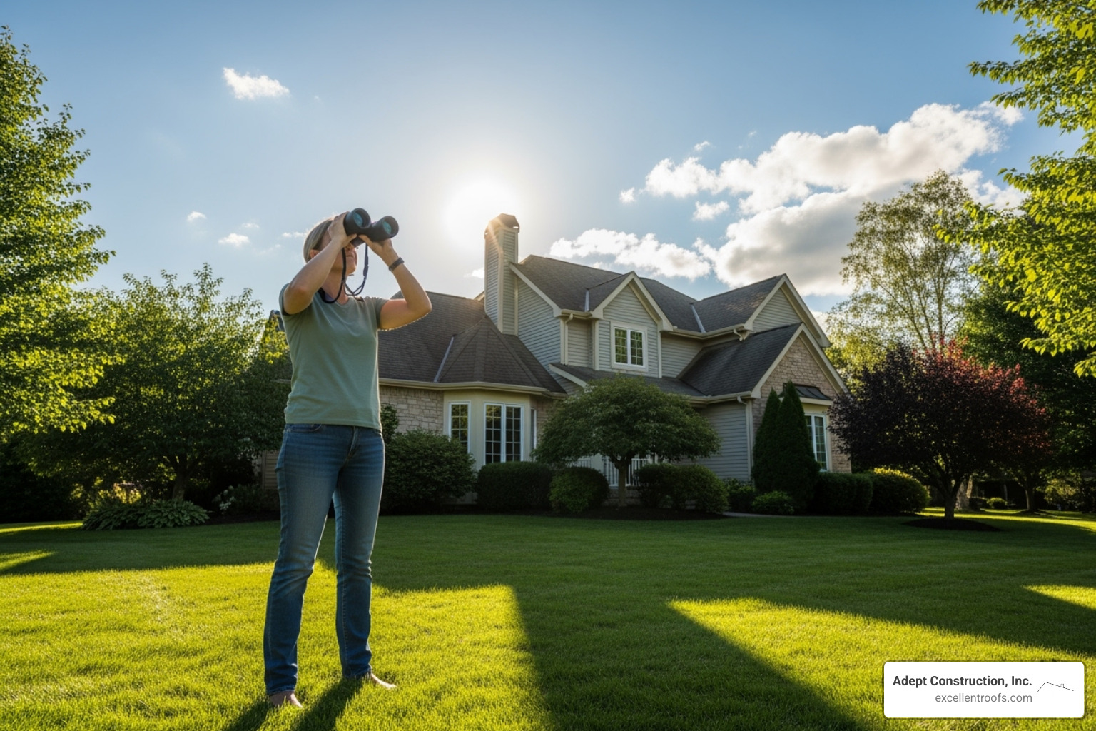 homeowner inspecting their roof with binoculars from the ground - repair leaking shingle roof
