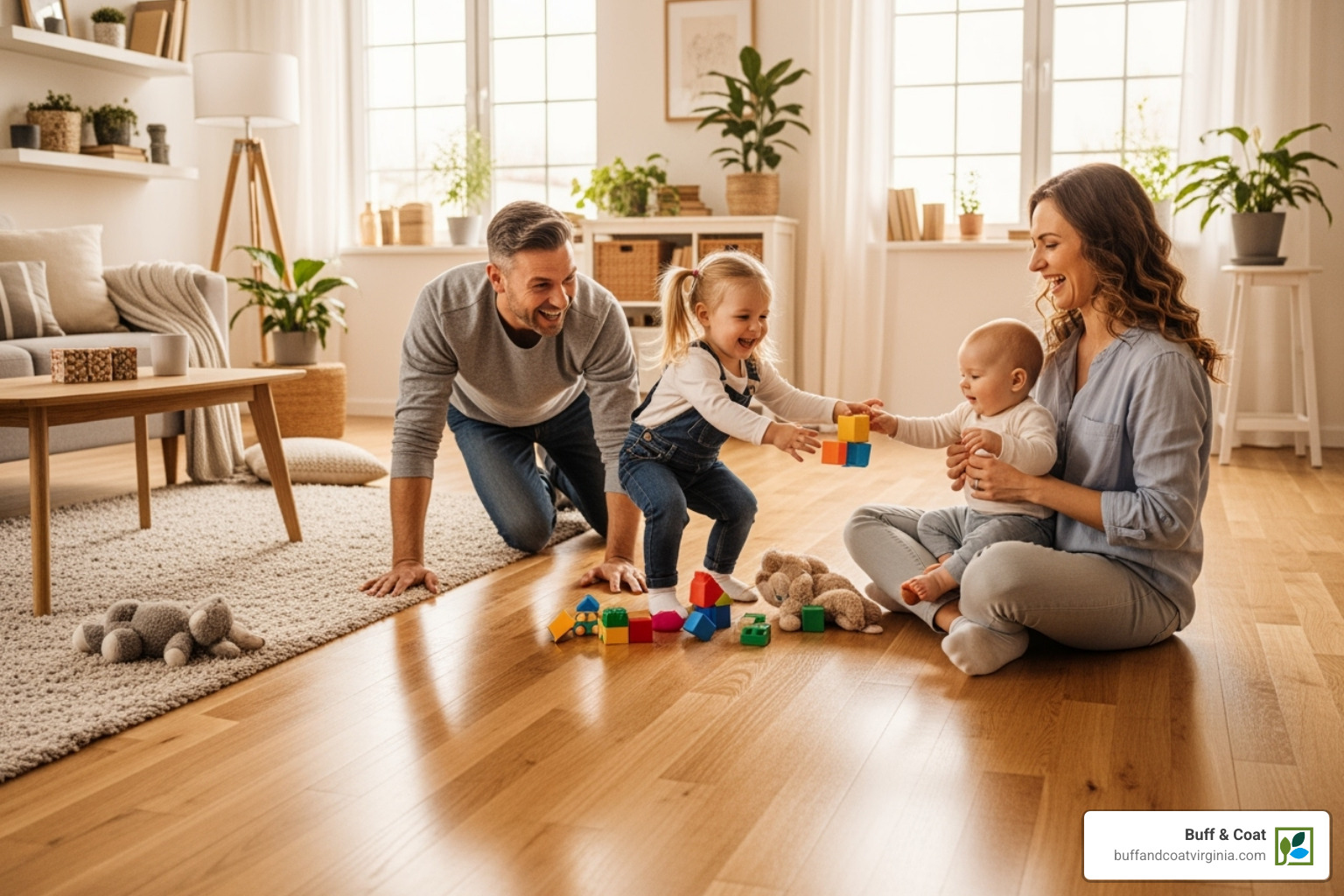 A happy family enjoying their new hardwood floors in their Richmond home - wood floor supply A happy family enjoying their new hardwood floors in their Richmond home - wood floor supply