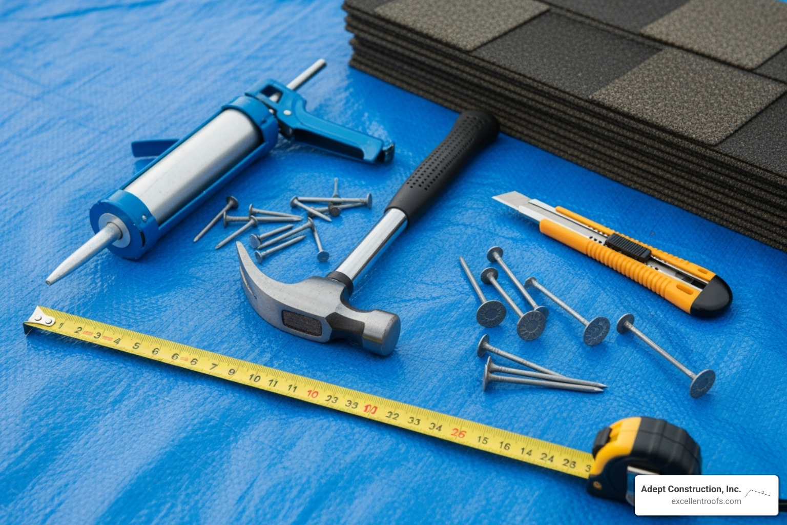 essential roofing tools and materials laid out on a tarp - repair leaking shingle roof