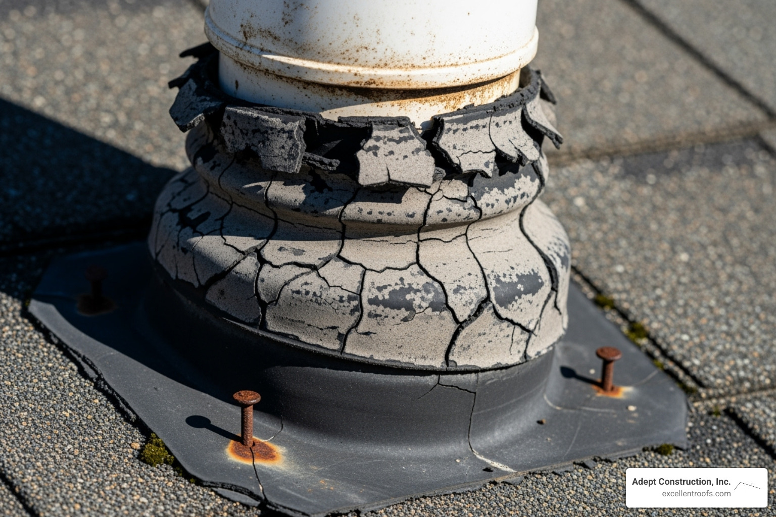 cracked rubber boot on a vent pipe - repair leaking shingle roof