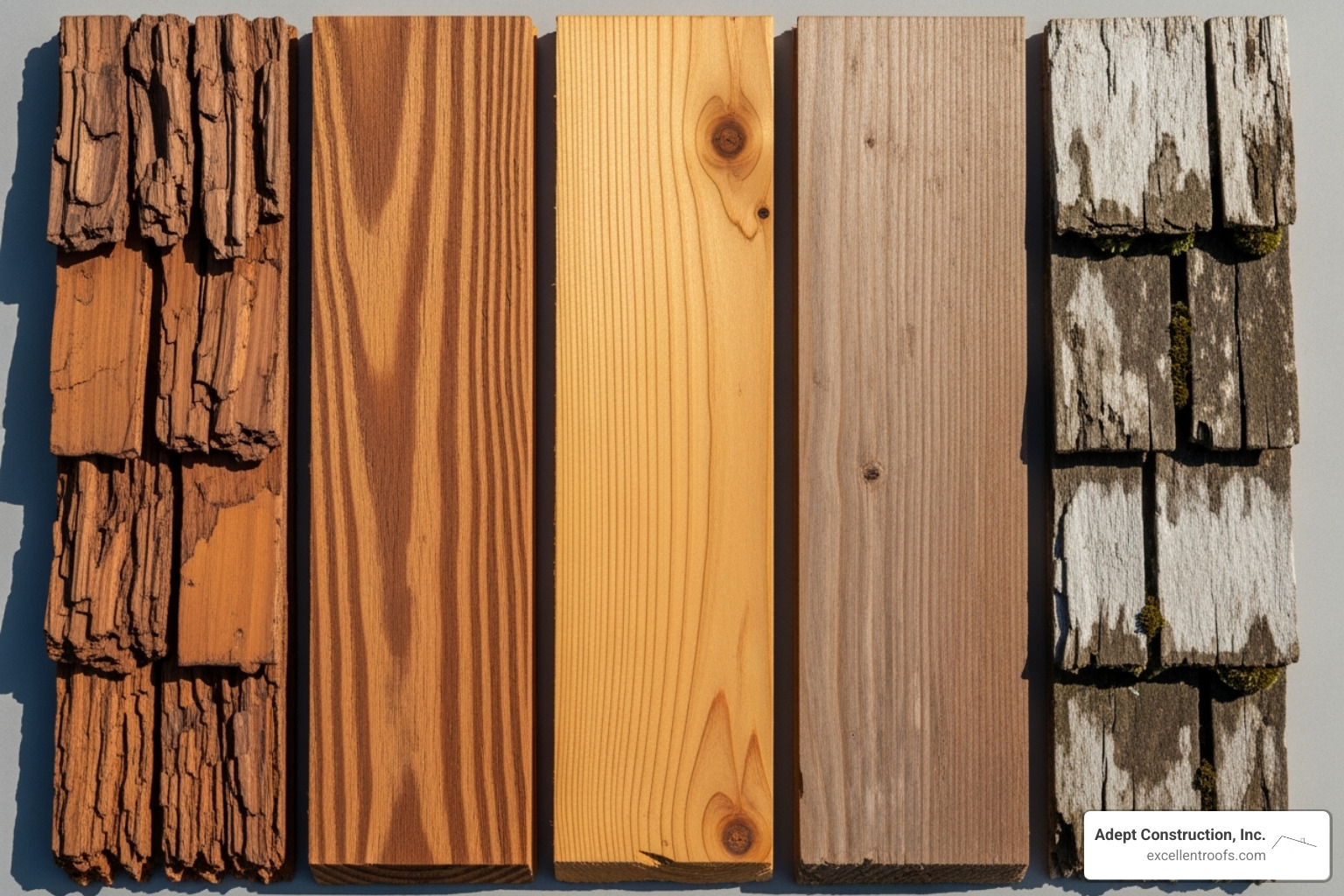 Different grades of cedar shakes side-by-side - cedar roof replacement cost
