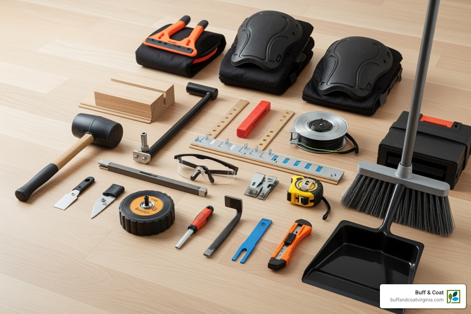 A complete hardwood floor installation toolkit laid out neatly - wood floor supply A complete hardwood floor installation toolkit laid out neatly - wood floor supply