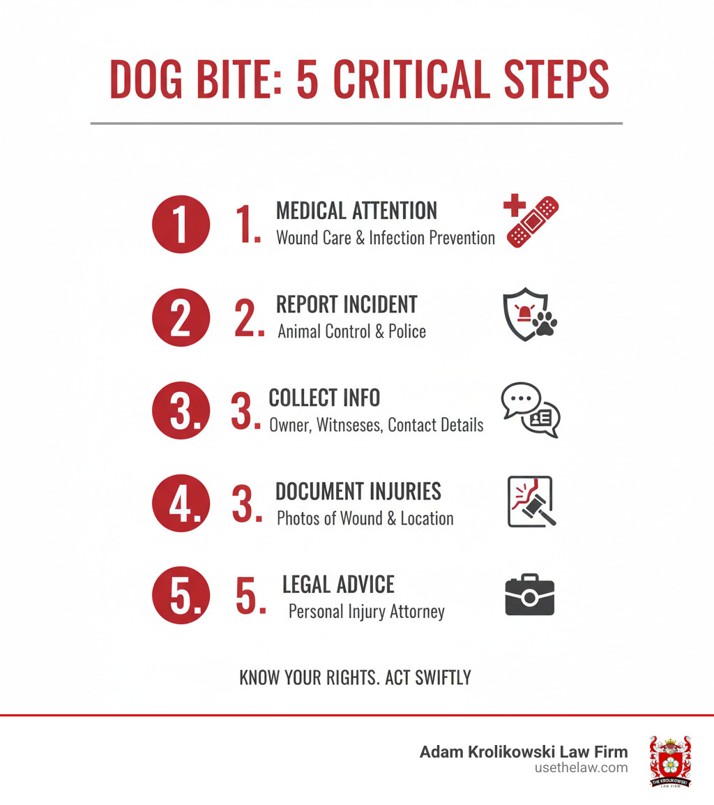 Infographic showing the first 5 critical steps after a dog bite: 1) Seek immediate medical attention for wound care and infection prevention, 2) Report incident to local animal control and police for official documentation, 3) Identify and collect contact information from dog owner and any witnesses present, 4) Take detailed photographs of all injuries and the incident location, 5) Contact a personal injury attorney to discuss your legal options and rights - Personal injury dog bite infographic Infographic showing the first 5 critical steps after a dog bite: 1) Seek immediate medical attention for wound care and infection prevention, 2) Report incident to local animal control and police for official documentation, 3) Identify and collect contact information from dog owner and any witnesses present, 4) Take detailed photographs of all injuries and the incident location, 5) Contact a personal injury attorney to discuss your legal options and rights - Personal injury dog bite infographic