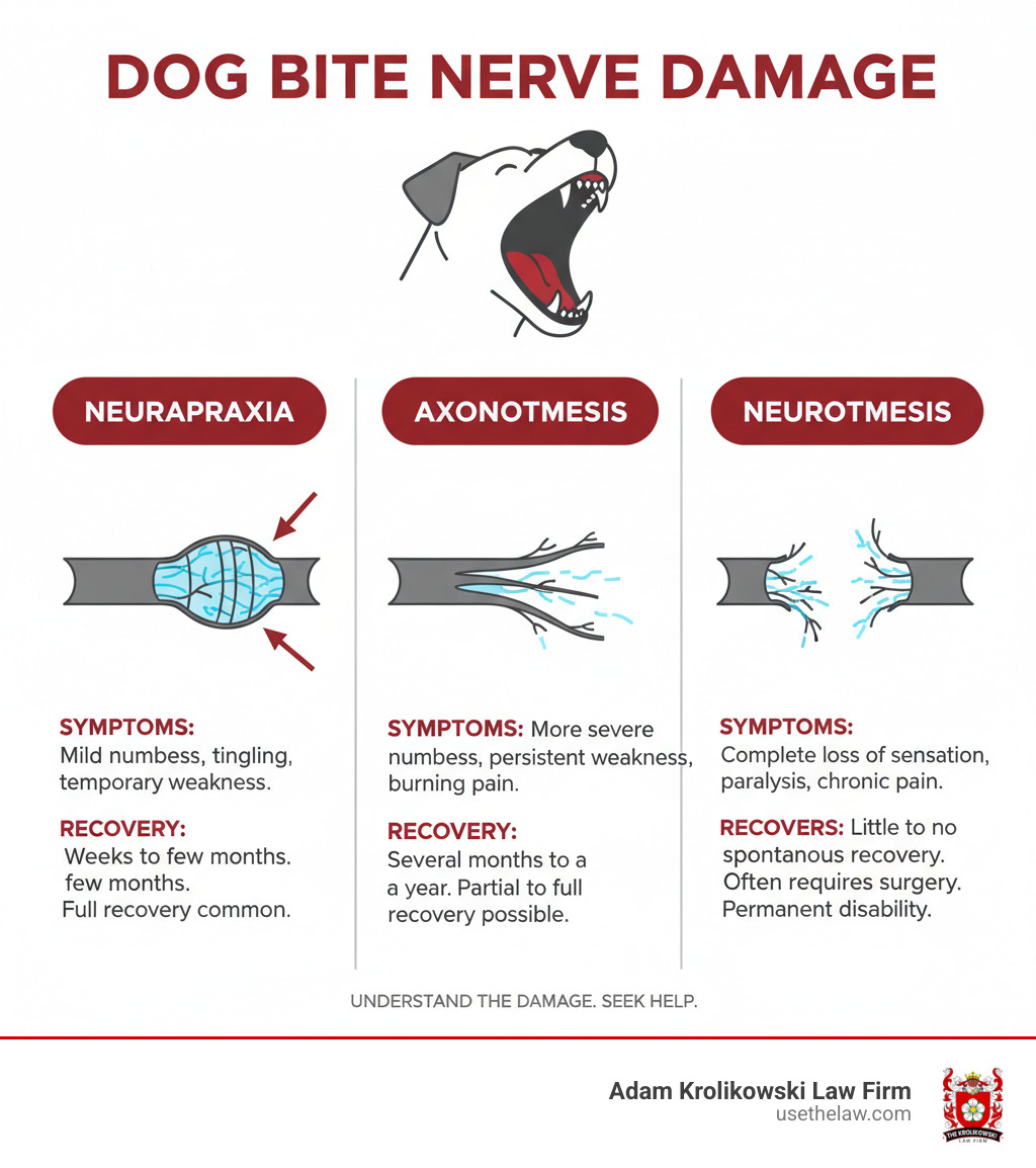 Detailed infographic showing the three types of dog bite nerve damage: neurapraxia with compressed nerve fibers, axonotmesis with stretched and damaged axons, and neurotmesis with completely severed nerve, including symptoms and recovery timelines for each type - Dog bite nerve damage infographic 