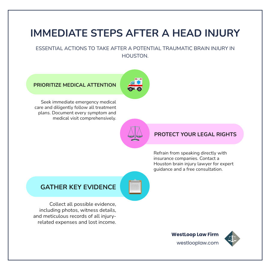 Infographic showing immediate steps after a head injury: 1) Seek emergency medical attention immediately, 2) Follow all treatment plans from doctors, 3) Document all symptoms and medical visits, 4) Avoid speaking to insurance companies alone, 5) Contact a Houston brain injury lawyer for free consultation, 6) Gather evidence including photos and witness information, 7) Keep records of all expenses and lost wages - Houston brain injury lawyer infographic infographic-line-3-steps-colors Infographic showing immediate steps after a head injury: 1) Seek emergency medical attention immediately, 2) Follow all treatment plans from doctors, 3) Document all symptoms and medical visits, 4) Avoid speaking to insurance companies alone, 5) Contact a Houston brain injury lawyer for free consultation, 6) Gather evidence including photos and witness information, 7) Keep records of all expenses and lost wages - Houston brain injury lawyer infographic infographic-line-3-steps-colors