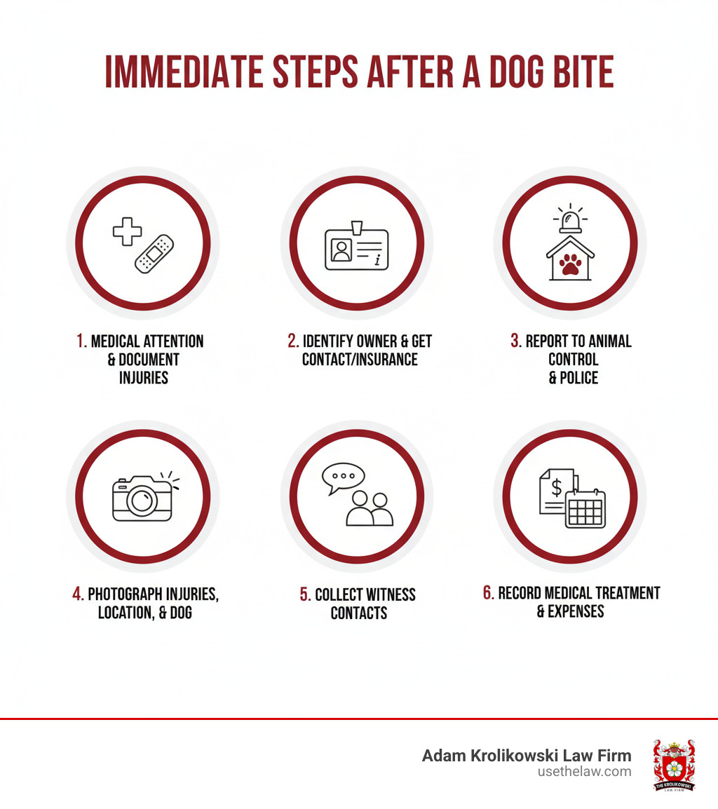Infographic showing immediate steps after a dog bite: 1. Seek immediate medical attention and document all injuries, 2. Identify the dog owner and get their contact and insurance information, 3. Report the incident to local animal control and police, 4. Document everything with photos of injuries, location, and the dog if possible, 5. Collect witness contact information, 6. Keep detailed records of all medical treatment and expenses - Dog bite compensation lawyer infographic 