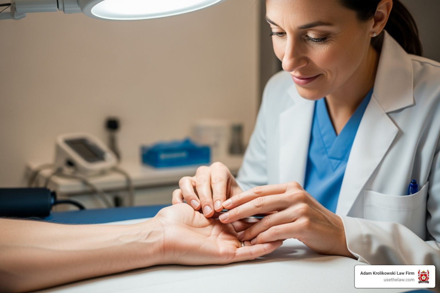 A doctor examining a patient's hand for nerve damage - Dog bite nerve damage
