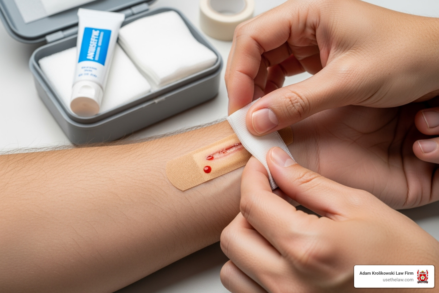 First aid kit being used on a minor wound - Personal injury dog bite First aid kit being used on a minor wound - Personal injury dog bite