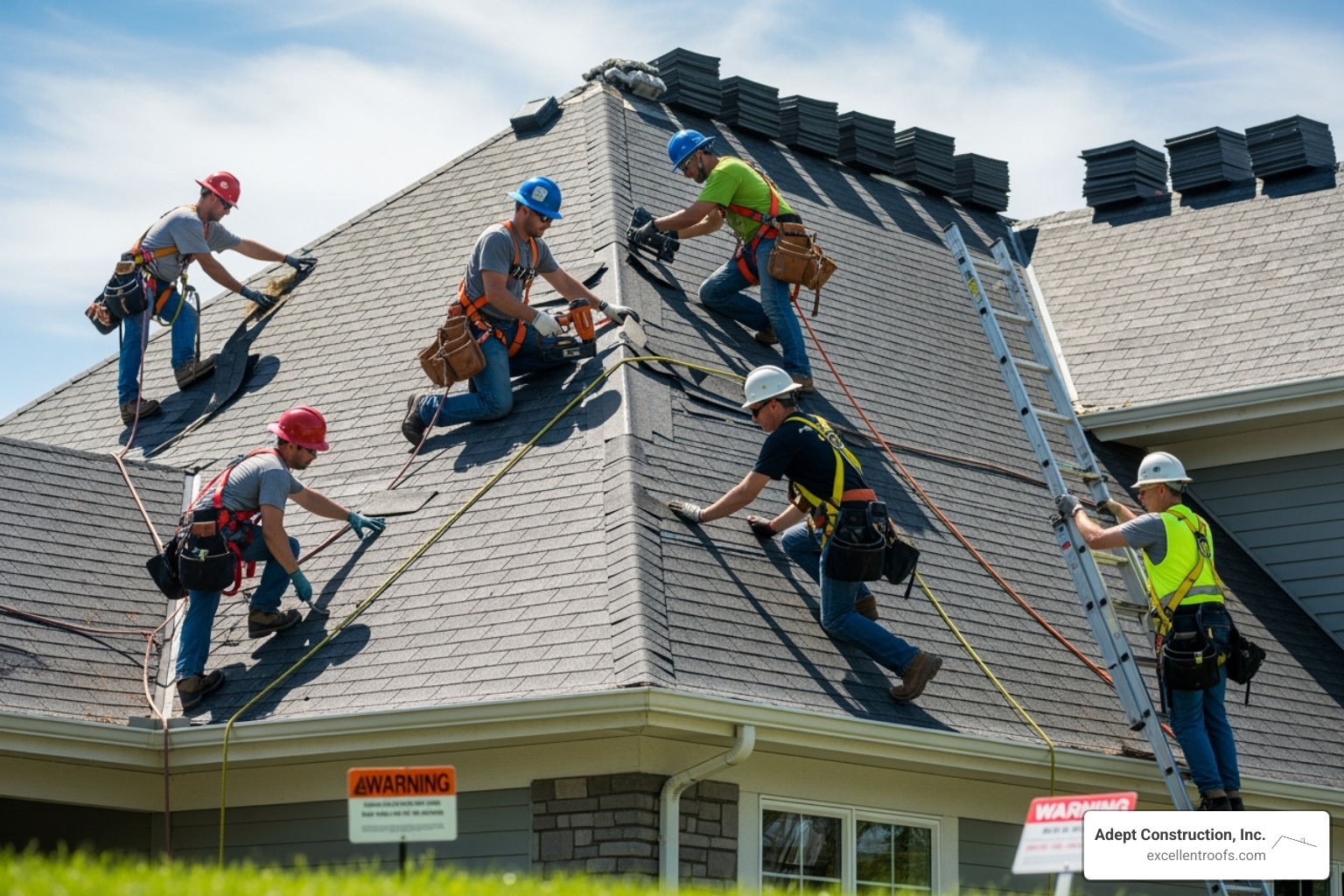 professional roofing crew working safely with harnesses and safety gear - roof replacement cost