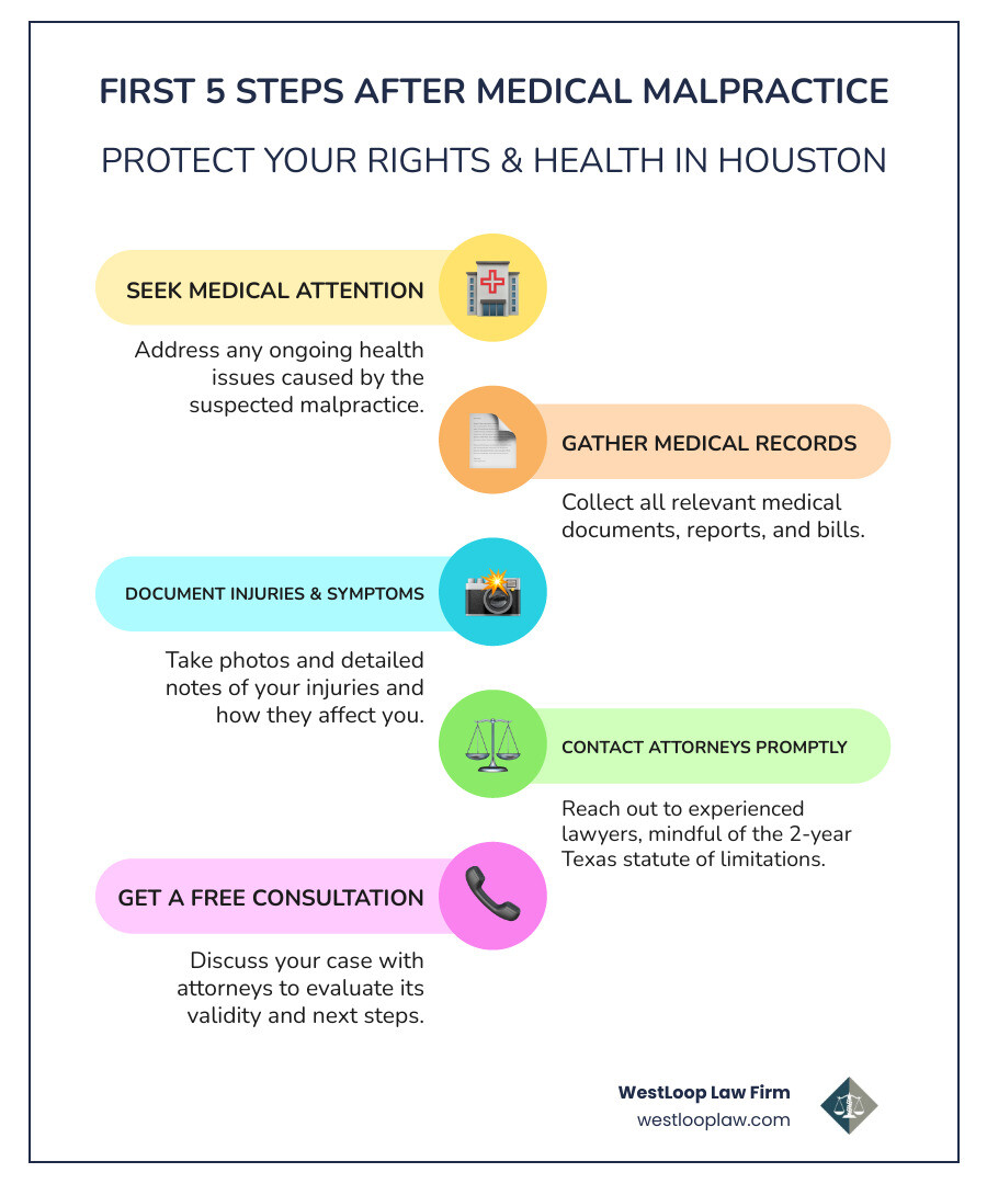 Infographic showing the first 5 steps after suspected medical malpractice: 1) Seek immediate medical attention for ongoing issues, 2) Gather and preserve all medical records, 3) Document your injuries and symptoms with photos and notes, 4) Contact experienced medical malpractice attorneys within the 2-year statute of limitations, 5) Get a free consultation to evaluate your case before professional witness review - houston texas medical malpractice attorneys infographic infographic-line-5-steps-colors