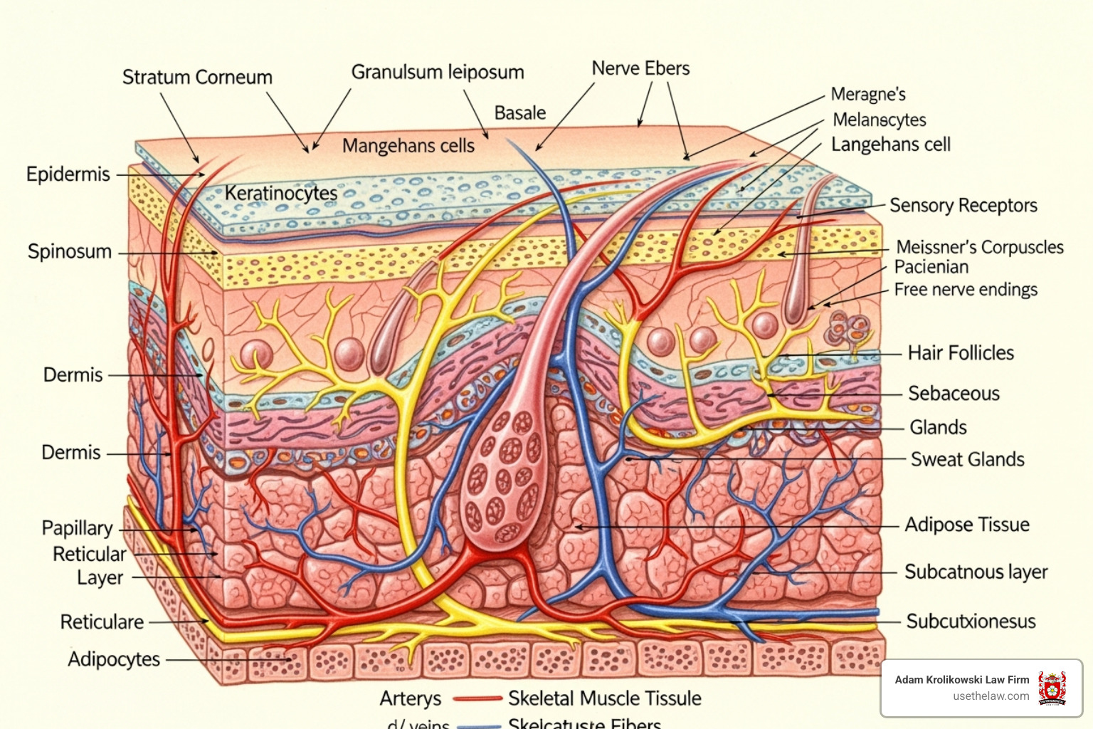 diagram showing layers of skin, muscle, and nerves - Dog bite nerve damage