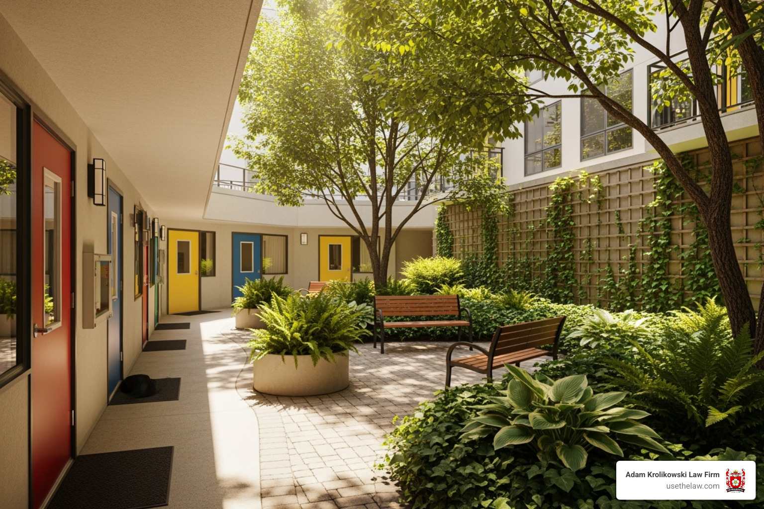 An image of an apartment building hallway with several doors and a shared courtyard with benches and greenery - Landlord dog liability An image of an apartment building hallway with several doors and a shared courtyard with benches and greenery - Landlord dog liability