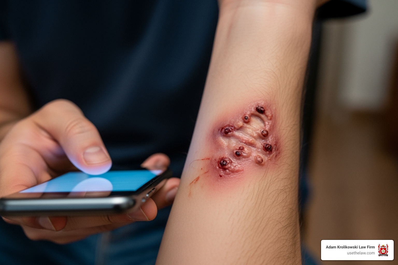 A person taking photos of an injury on their arm with their smartphone - Dog bite compensation lawyer