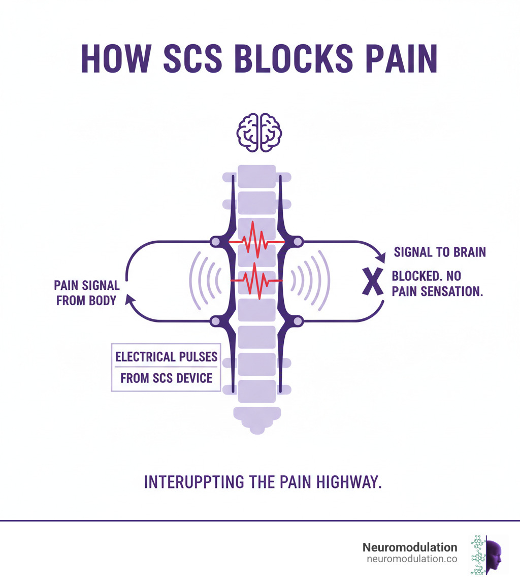 infographic explaining the basic mechanism of how any SCS device blocks pain signals from reaching the brain - DTM SCS therapy infographic infographic explaining the basic mechanism of how any SCS device blocks pain signals from reaching the brain - DTM SCS therapy infographic