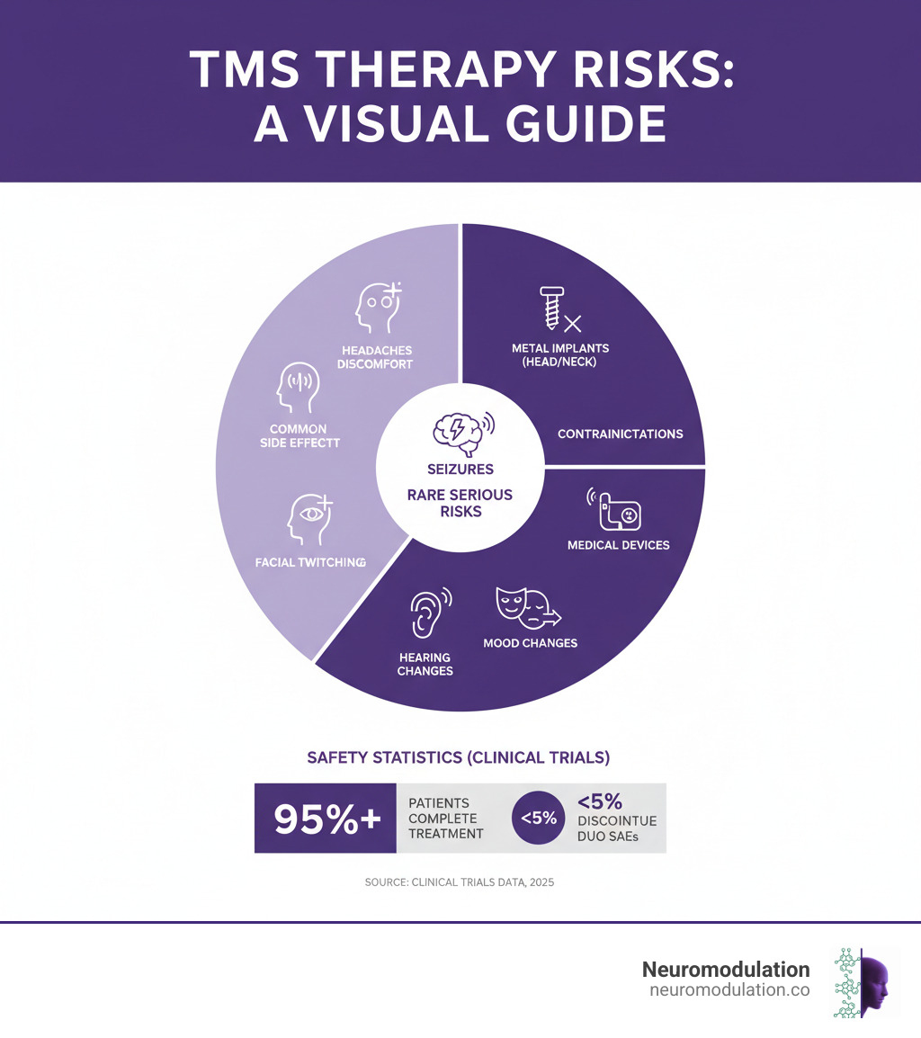 Comprehensive infographic showing TMS therapy risk categories: common side effects (headaches 33%, scalp discomfort, facial twitching, lightheadedness) versus rare serious risks (seizures <0.01%, hearing changes, mood changes), contraindications including metal implants and medical devices, and safety statistics from clinical trials - TMS therapy risks infographic 