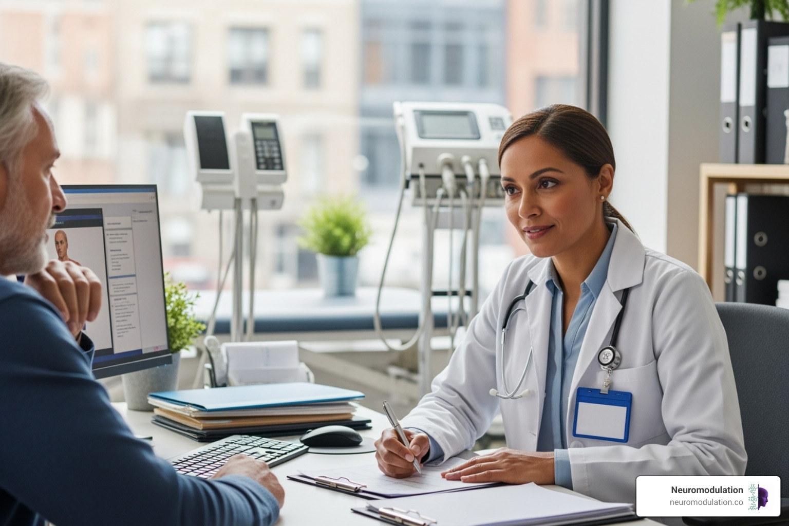 of a doctor consulting with a patient about their chronic pain - DTM SCS therapy of a doctor consulting with a patient about their chronic pain - DTM SCS therapy